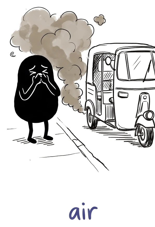 A hand-drawn figure covering its nose beside a smoking auto-rickshaw