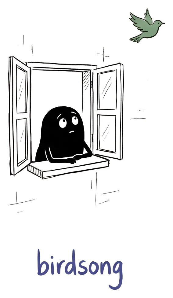 A hand-drawn figure at a window watching the last bird fly away