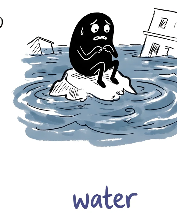 A hand-drawn figure stranded on a rock in a flooded street